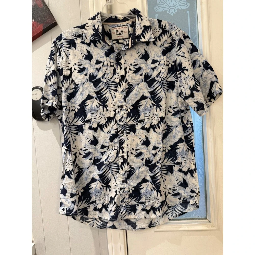 Report Collection Mens Blue Tropical Floral Linen Blend Button Down Shirt L